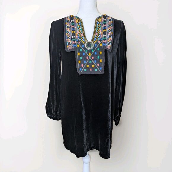 Zara Dresses & Skirts - Zara Woman Tunic Dress Womens S Black Velvet Embroidered V Neck Boho Mini
